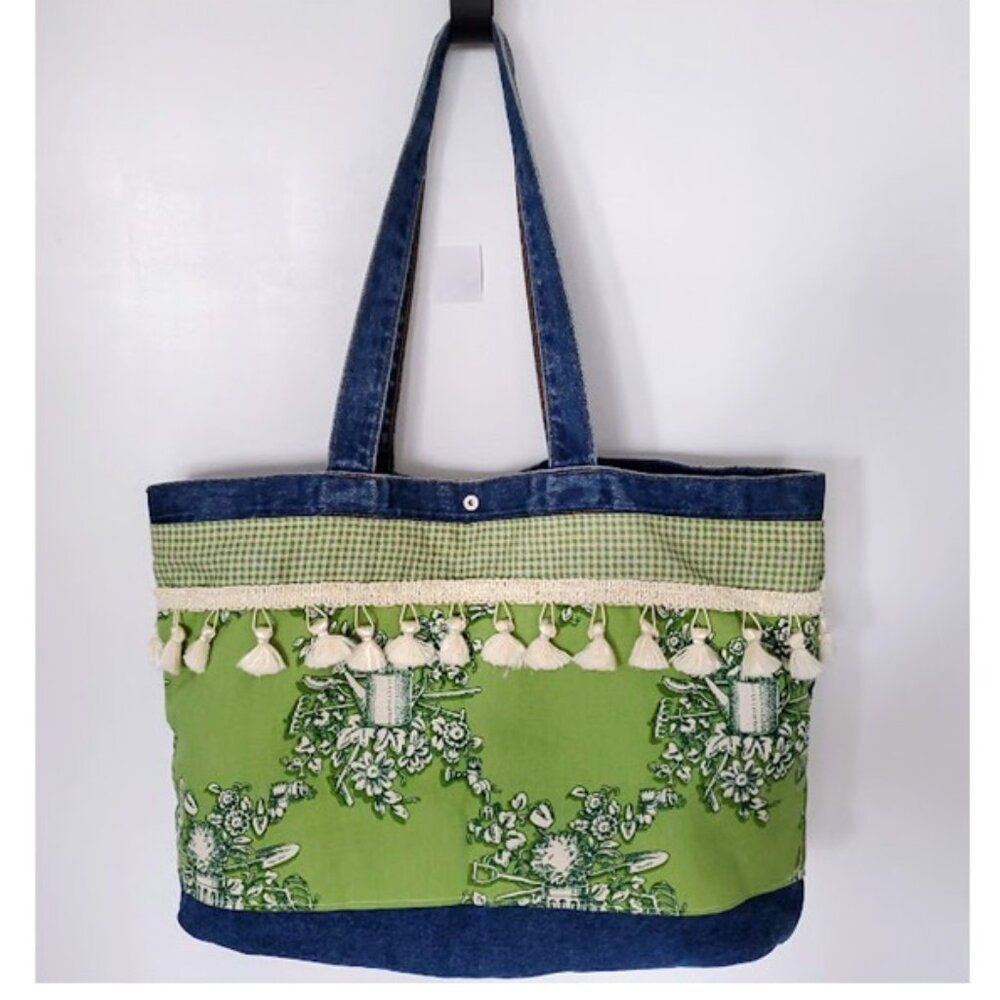 Handmade Artisan Denim Toile Tote Bag Green Floral Tassel Trim Gingham Lined OS - Picture 3 of 7
